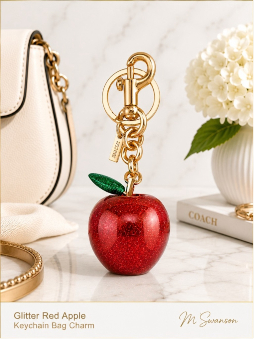 Large Red Apple Keychain Bag Charm Glitter Gold Hardware